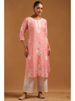 Soch - Pink Embroidered Round Neck Kurta