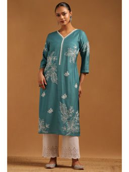 Soch - Teal Embroidered V-Neck Kurta