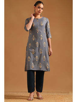 Soch - Grey Floral Round Neck Kurta