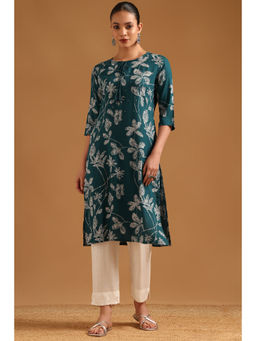 Soch - Teal Floral Tie Up Neck Kurta