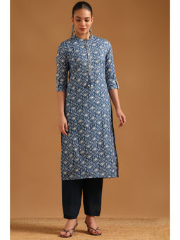 Soch - Blue Printed Mandarin Neck Kurta
