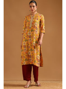 Soch - Yellow Floral Mandarin Neck Kurta