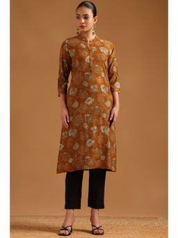 Soch - Mustard Floral Mandarin Neck Kurta