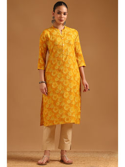 Soch - Mustard Floral Mandarin Neck Kurta