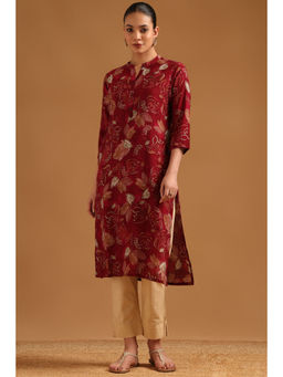 Soch - Maroon Floral Mandarin Neck Kurta
