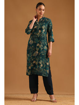 Soch - Teal Floral Mandarin Neck Kurta