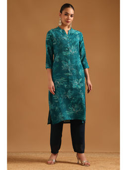Soch - Blue Floral Mandarin Neck Kurta