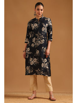 Soch - Navy Blue Floral Mandarin Neck Kurta