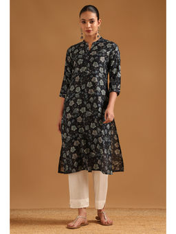 Soch - Navy Blue Floral Mandarin Neck Kurta
