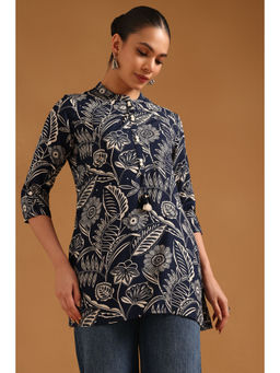 Soch - Navy Blue Floral Mandarin Neck Tunic