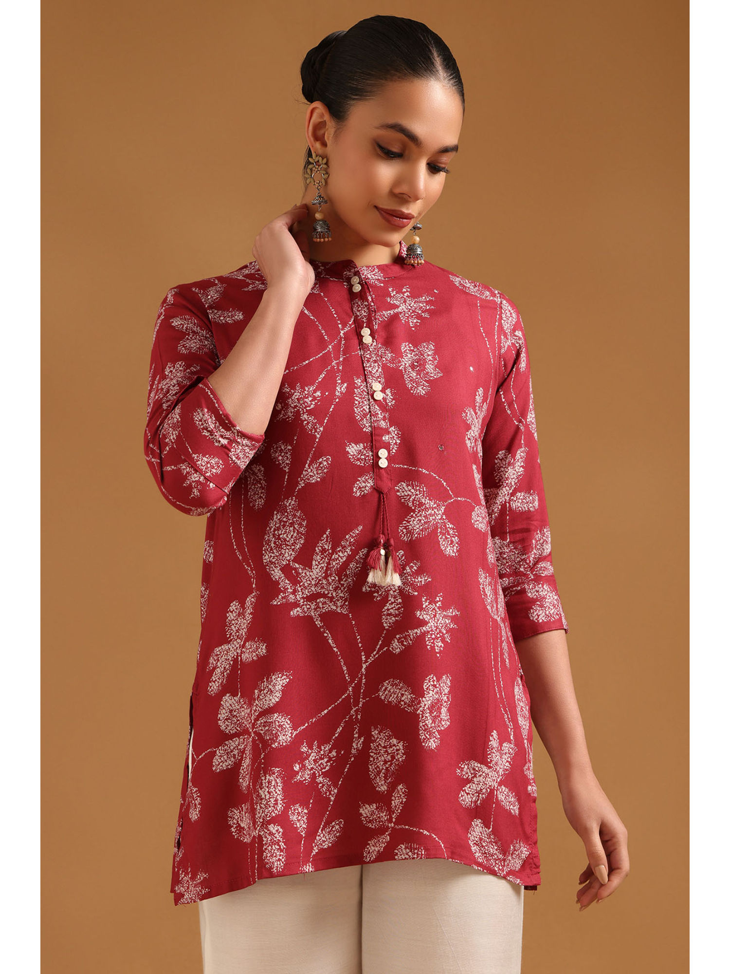 Red Floral Mandarin Neck Tunic-image-30