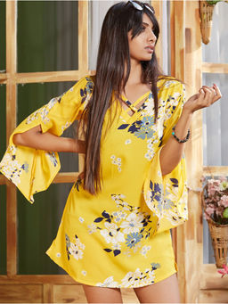 Women Plus - Yellow Floral V-Neck Dress with Belt