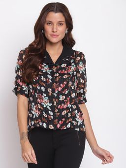Latin Quarters - Floral Print Half Sleeve Casual Shirt Top Black