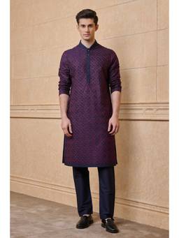 TASVA - Navy Solid Kurta with Churidar With Embroidery