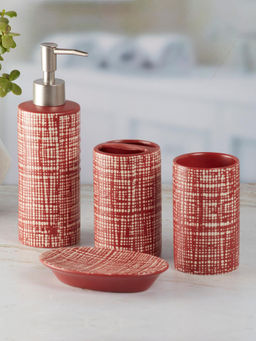 Kookee - Ceramic Toothbrush Holder, Soap Dish & Tumbler with Soap Dispenser -Red (Set of 4)