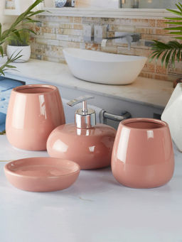 Kookee - Ceramic Toothbrush Holder, Soap Dish & Tumbler with Soap Dispenser -Pink (Set of 4)