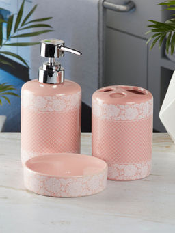 Kookee - Ceramic Toothbrush Holder and Soap Dish with Soap Dispenser -Pink (Set of 3)
