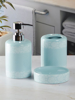 Kookee - Ceramic Toothbrush Holder & Soap Dish with Soap Dispenser -Blue (Set of 3)