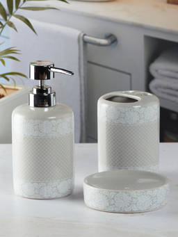 Kookee - Ceramic Toothbrush Holder & Soap Dish with Soap Dispenser -Grey (Set of 3)