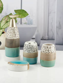 Kookee - Ceramic Toothbrush Holder, Soap Dish & Tumbler with Soap Dispenser -Multi-Color (Set of 4)
