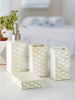 Kookee - Ceramic Toothbrush Holder, Soap Dish & Tumbler with Soap Dispenser -Off White (Set of 4)