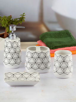 Kookee - Ceramic Toothbrush Holder, Soap Dish & Tumbler with Soap Dispenser -White (Set of 4)