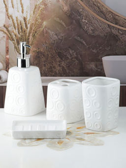 Kookee - Ceramic Toothbrush Holder, Soap Dish & Tumbler with Soap Dispenser -White (Set of 4)