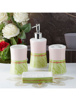 Kookee - Ceramic Toothbrush Holder, Soap Dish & Tumbler with Soap Dispenser -Green (Set of 4)