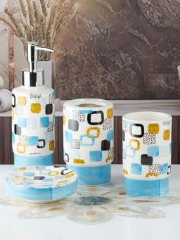 Kookee - Ceramic Toothbrush Holder, Soap Dish & Tumbler with Soap Dispenser -Blue (Set of 4)