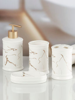 Kookee - Ceramic Toothbrush Holder, Soap Dish & Tumbler with Soap Dispenser -White (Set of 4)