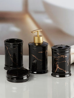 Kookee - Ceramic Toothbrush Holder, Soap Dish & Tumbler with Soap Dispenser -Black (Set of 4)
