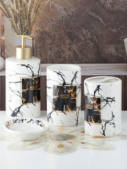 Kookee - Ceramic Toothbrush Holder, Soap Dish & Tumbler with Soap Dispenser -White (Set of 4)