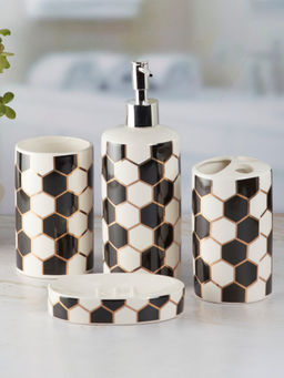 Kookee - Ceramic Toothbrush Holder, Soap Dish & Tumbler with Soap Dispenser -White (Set of 4)