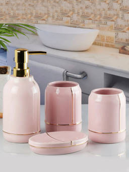 Kookee - Ceramic Toothbrush Holder, Soap Dish & Tumbler with Soap Dispenser -Pink (Set of 4)