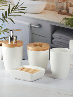 Kookee - Ceramic Toothbrush Holder, Soap Dish & Tumbler with Soap Dispenser -White (Set of 4)