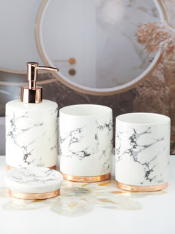 Kookee - Ceramic Toothbrush Holder, Soap Dish & Tumbler with Soap Dispenser -White (Set of 4)