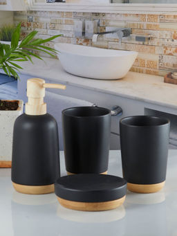 Kookee - Ceramic Toothbrush Holder, Soap Dish & Tumbler with Soap Dispenser -Black (Set of 4)