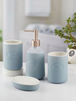 Kookee - Ceramic Toothbrush Holder, Soap Dish & Tumbler with Soap Dispenser -Blue (Set of 4)