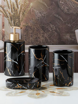 Kookee - Ceramic Toothbrush Holder, Soap Dish & Tumbler with Soap Dispenser -Black (Set of 4)