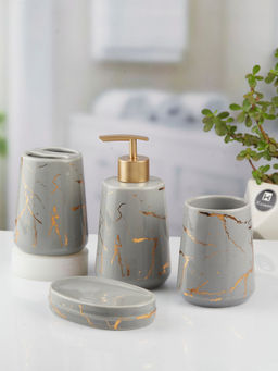 Kookee - Ceramic Toothbrush Holder, Soap Dish & Tumbler with Soap Dispenser -Grey (Set of 4)