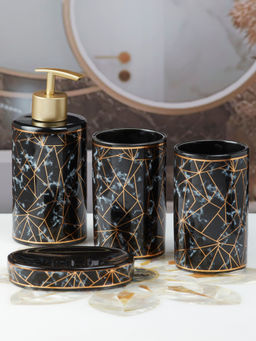 Kookee - Ceramic Toothbrush Holder, Soap Dish & Tumbler with Soap Dispenser -Black (Set of 4)