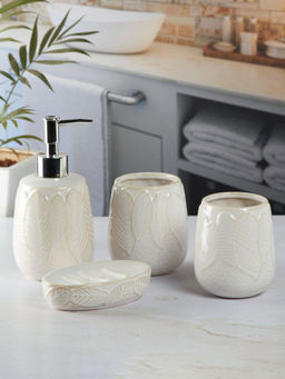 Kookee - Ceramic Toothbrush Holder, Soap Dish & Tumbler with Soap Dispenser -Off White (Set of 4)
