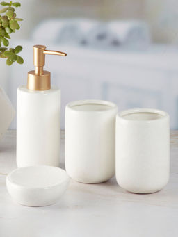 Kookee - Ceramic Toothbrush Holder, Soap Dish & Tumbler with Soap Dispenser -White (Set of 4)