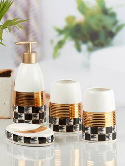 Kookee - Ceramic Toothbrush Holder, Soap Dish & Tumbler with Soap Dispenser -Multi-Color (Set of 4)