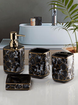 Kookee - Ceramic Toothbrush Holder, Soap Dish & Tumbler with Soap Dispenser -Black (Set of 4)