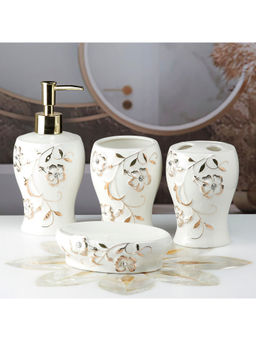 Kookee - Ceramic Toothbrush Holder, Soap Dish & Tumbler with Soap Dispenser -White (Set of 4)