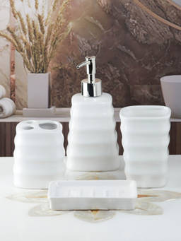 Kookee - Ceramic Toothbrush Holder, Soap Dish & Tumbler with Soap Dispenser -White (Set of 4)