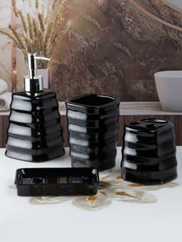 Kookee - Ceramic Toothbrush Holder, Soap Dish & Tumbler with Soap Dispenser -Black (Set of 4)
