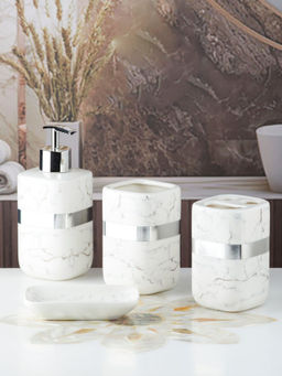Kookee - Ceramic Toothbrush Holder, Soap Dish & Tumbler with Soap Dispenser -White (Set of 4)