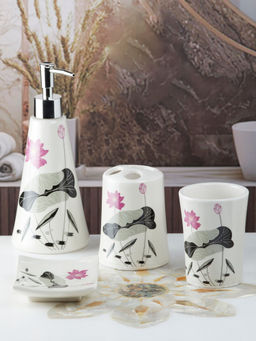 Kookee - Ceramic Toothbrush Holder, Soap Dish & Tumbler with Soap Dispenser -White (Set of 4)